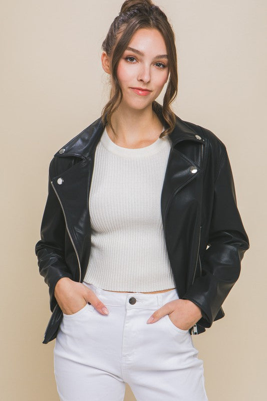 THE SPINNING IT FAUX LEATHER MOTO JACKET - BLACK