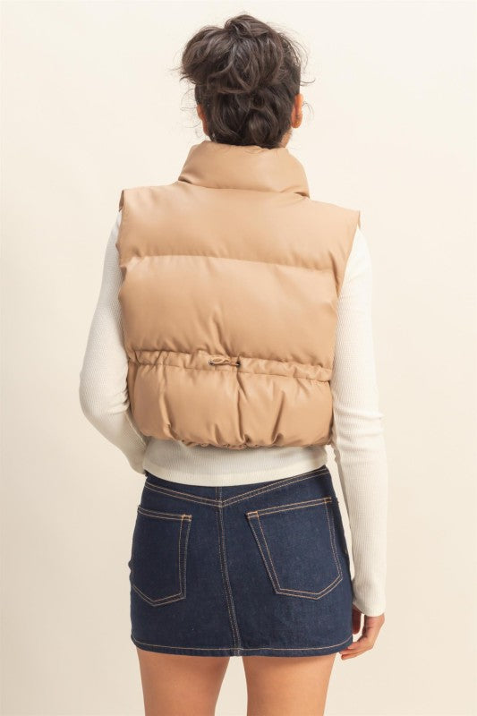 THE GLAM FAUX LEATHER PUFFER VEST - CHESTNUT