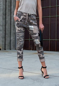 THE MADE IN ITALY SEQUIN PATCH CAMO PANTS - NAVY - ONE LEFT!