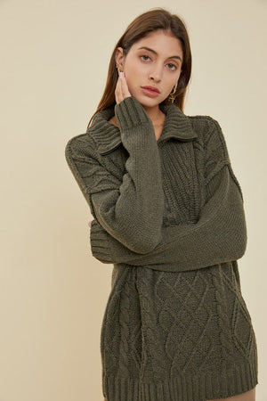 THE SPRING LOVE CABLE HALF ZIP SWEATER - OLIVE