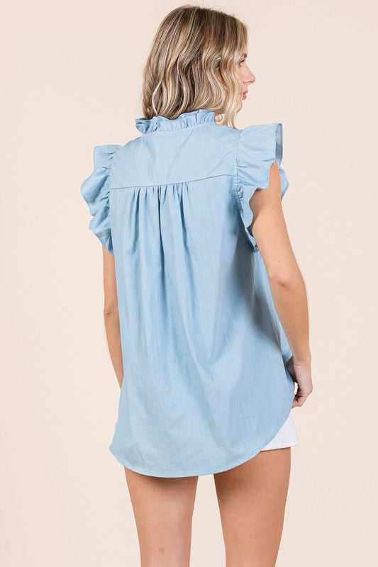 THE EVER DENIM RUFFLE SLEEVE TOP