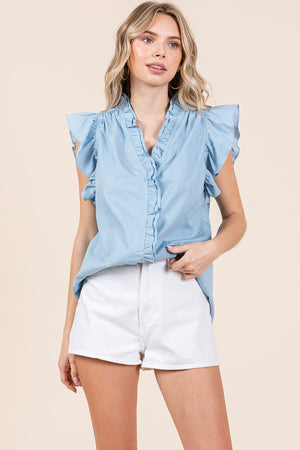 THE EVER DENIM RUFFLE SLEEVE TOP