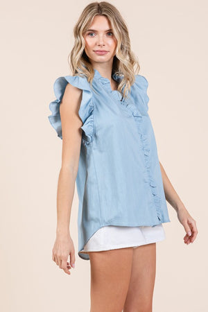 THE EVER DENIM RUFFLE SLEEVE TOP