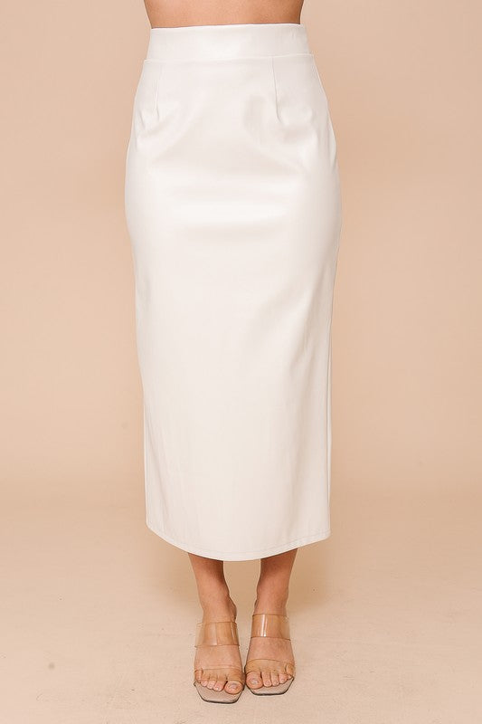 THE ESSENTIAL EDIT FAUX LEATHER MIDI MAXI SKIRT - WHITE