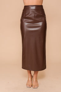 THE ESSENTIAL EDIT FAUX LEATHER MIDI MAXI SKIRT - CHOCOLATE