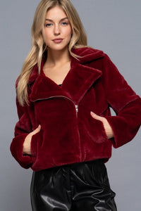 THE TEDDY FAUX FUR MOTO JACKET - BURGUNDY