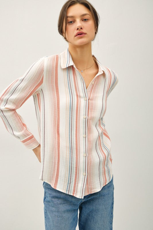 THE OPEN DOOR GAUZE SHIRT - MELON STRIPE