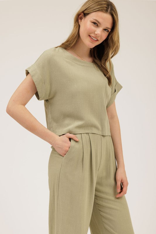 THE BASSIQUE LINEN BLEND TOP - LIGHT OLIVE