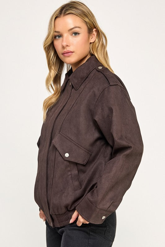 THE MAPLE FAUX SUEDE BOMBER JACKET
