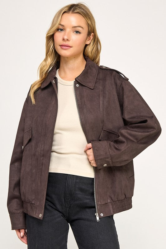 THE MAPLE FAUX SUEDE BOMBER JACKET