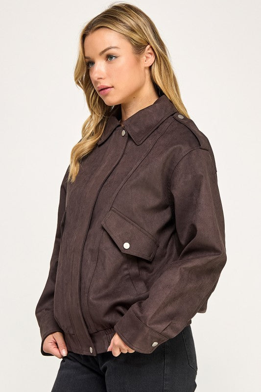 THE MAPLE FAUX SUEDE BOMBER JACKET