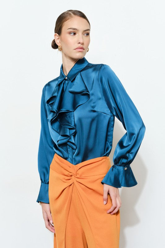 THE KNOW IT RUFFLE SHIRT - TEAL