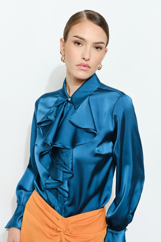 THE KNOW IT RUFFLE SHIRT - TEAL