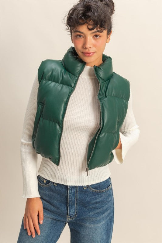 THE GLAM FAUX LEATHER PUFFER VEST - CHESTNUT