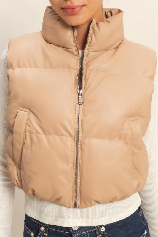 THE GLAM FAUX LEATHER PUFFER VEST - CHESTNUT