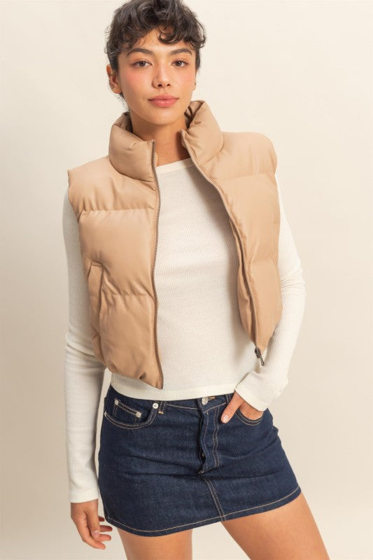 THE GLAM FAUX LEATHER PUFFER VEST - CHESTNUT
