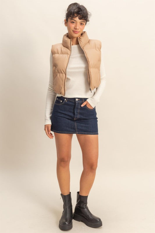 THE GLAM FAUX LEATHER PUFFER VEST - CHESTNUT
