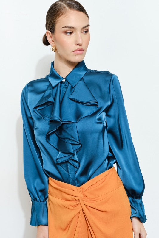 THE KNOW IT RUFFLE SHIRT - TEAL