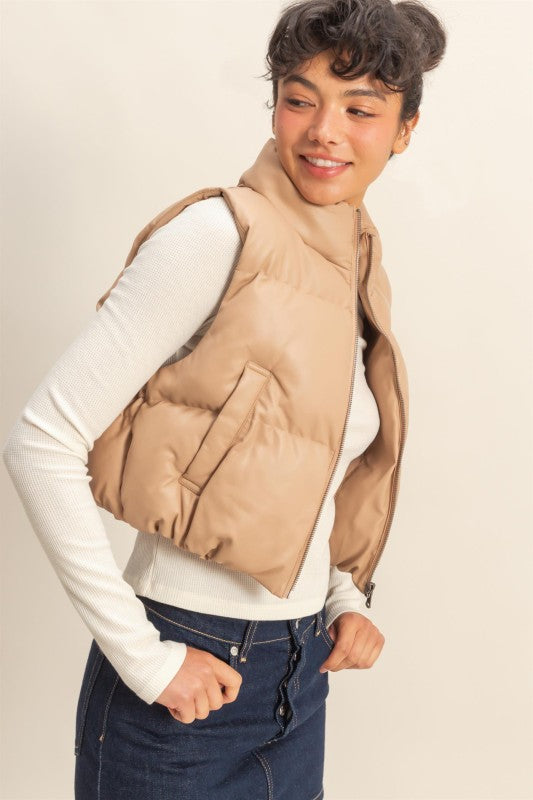 THE GLAM FAUX LEATHER PUFFER VEST - CHESTNUT