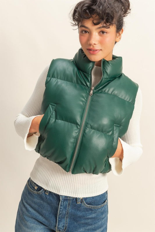 THE GLAM FAUX LEATHER PUFFER VEST - CHESTNUT