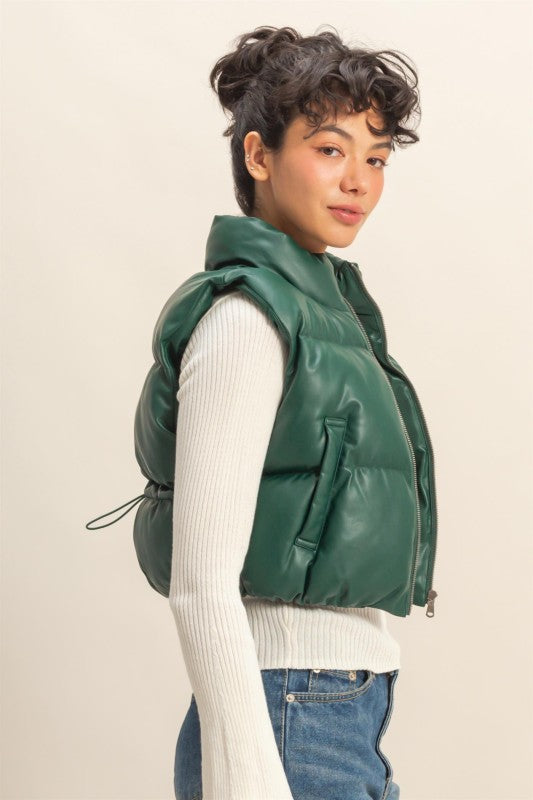 THE GLAM FAUX LEATHER PUFFER VEST - CHESTNUT