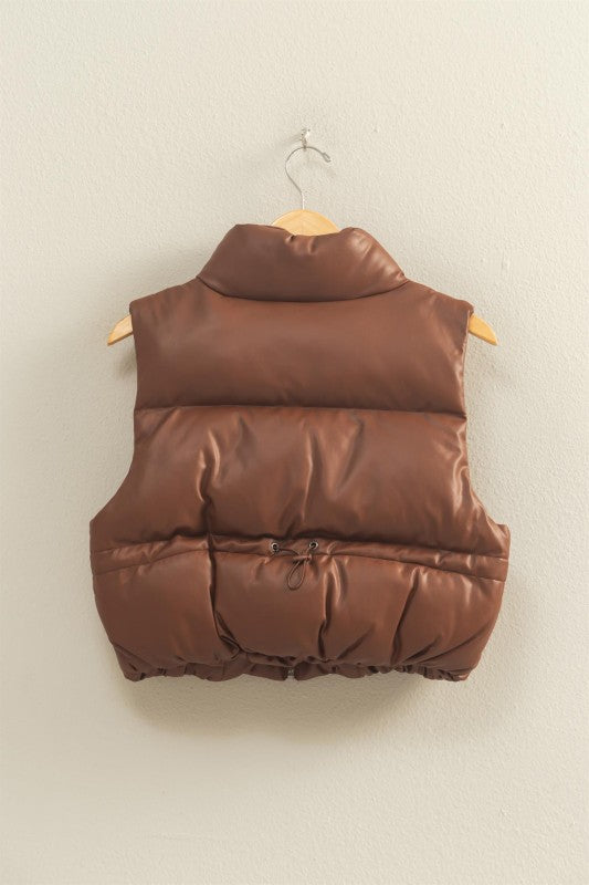 THE GLAM FAUX LEATHER PUFFER VEST - CHESTNUT