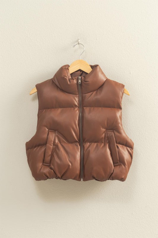 THE GLAM FAUX LEATHER PUFFER VEST - CHESTNUT