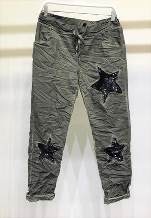 THE MADE IN ITALY SEQUIN STAR PANTS - ARMY GREEN